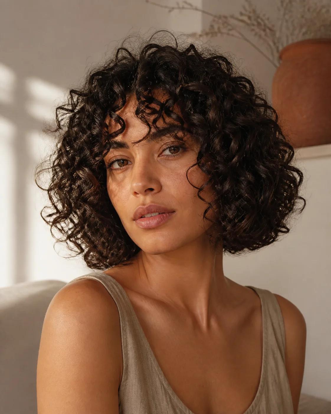 Curly lob haircut shown in natural editorial light