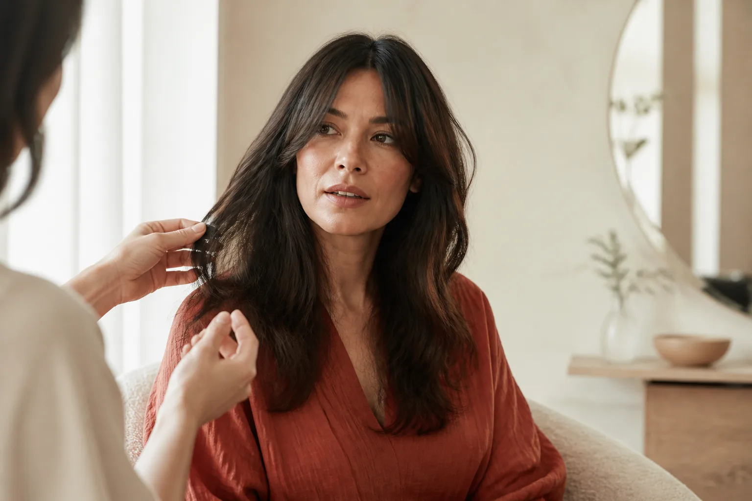 An adult client discussing the shape and movement of her hair in natural salon light